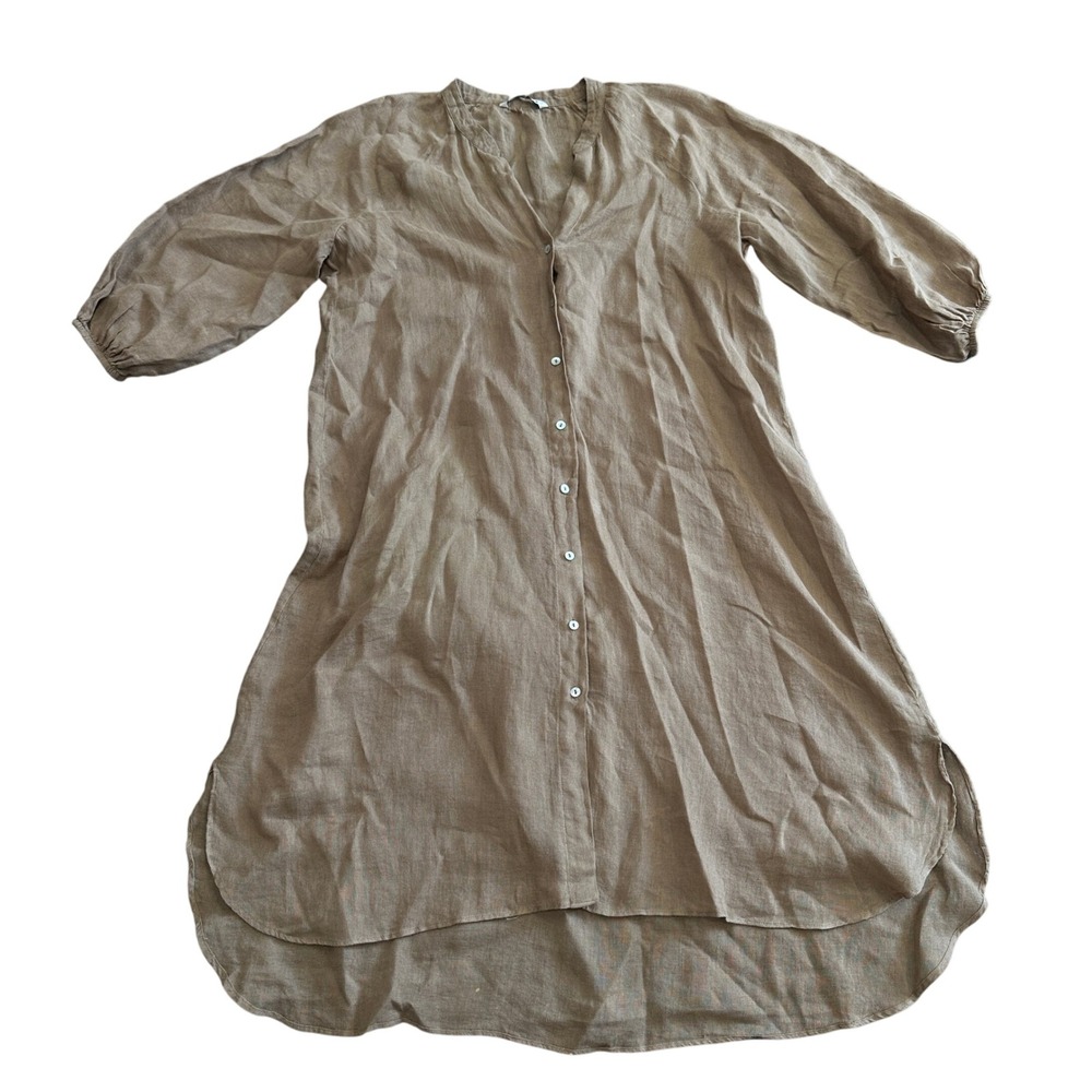 Zara Tan Linen Button-Front Midi Dress